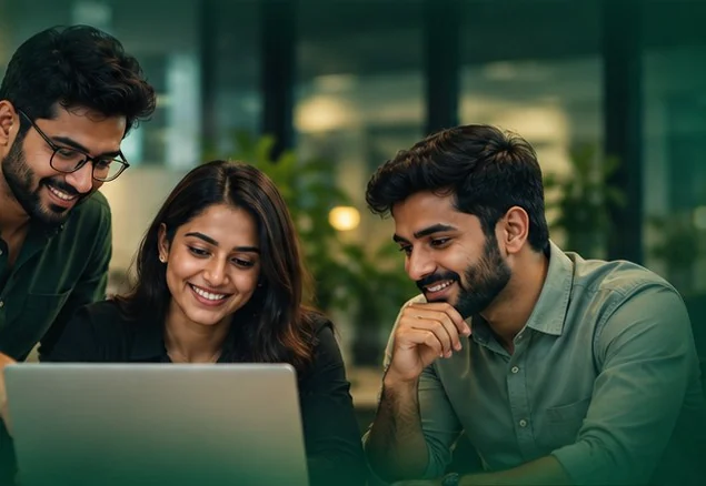 Illustrative image of team members reviewing work on a laptop