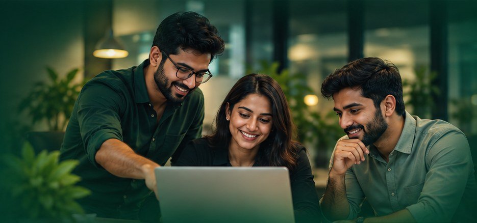 Illustrative image of a team collaborating around a laptop