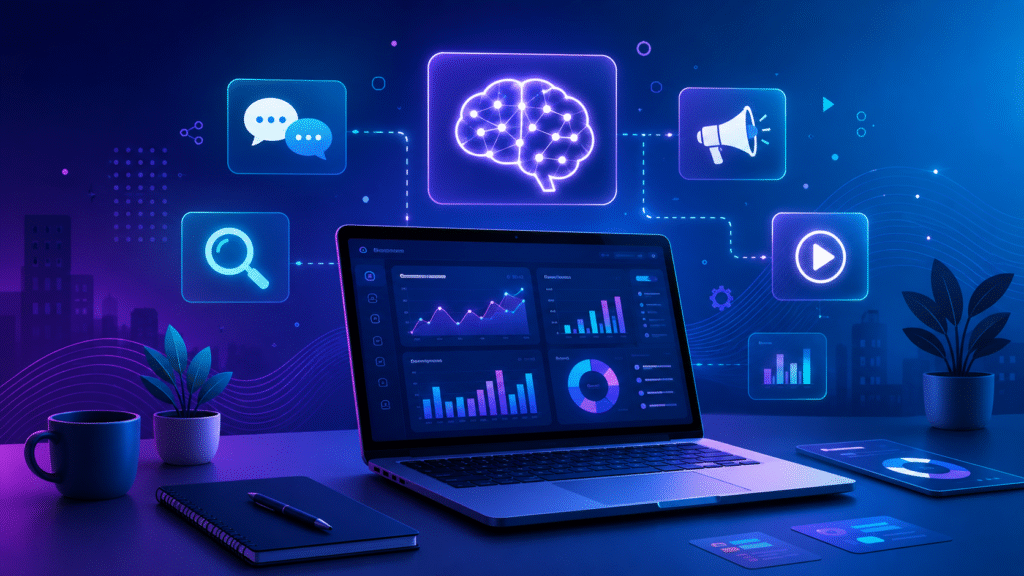 AI tools for digital marketing dashboard with SEO, chatbot, and video icons